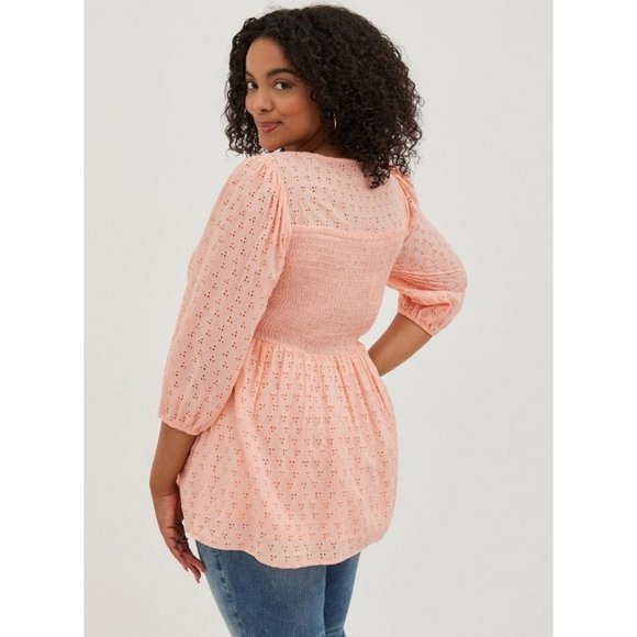 Torrid Womens 0X Peach 3/4 Sleeves Voile Eyelet Smocked Babydoll Blouse Top NWT - Picture 11 of 11
